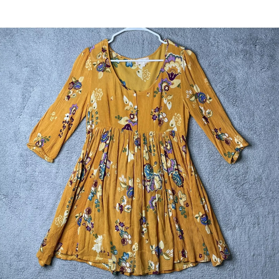 Altar'd State Sz Small Floral Mustard Dress, Bohemian, Womens, Flowy, Purples